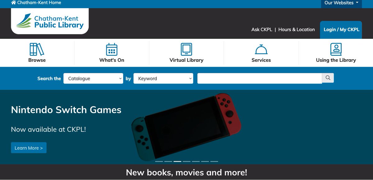 #NintendoSwitch games are now available to borrow, for free, @cklibrary with your #CKont Public #Library card!

Up to 3 games at a time can be borrowed for 14 days &amp; may be renewed up to 2x (restrictions apply).

Available games ➡️ bit.ly/3KuS8lF
