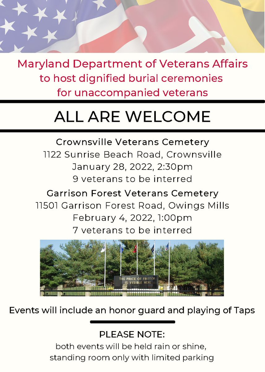 MDDemVets's tweet photo. MD Department of VA will host burial ceremonies for unaccompanied vets. Let's turn out to celebrate them and show they are not alone. https://t.co/Q0UebF0yFW