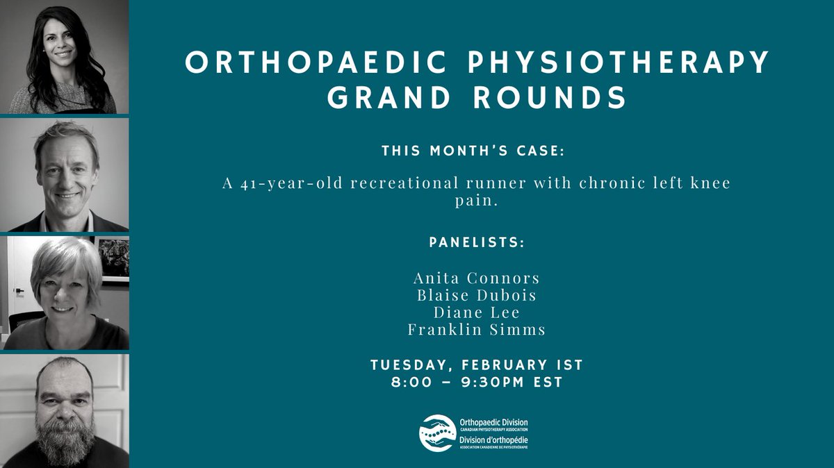 OrthoDiv (@orthodiv) on Twitter photo 📣 One of our most popular offerings is back! Join us Feb 1st @ 8 pm EST for Orthopaedic Physiotherapy Grand Rounds. This month's case is a rec runner with chronic knee pain and is led by an all star panel of experts!
Register @ tinyurl.com/yc2bdwjs
<a href="/blaisedubois/">Blaise Dubois</a> @DianeleePT 📣 One of our most popular offerings is back! Join us Feb 1st @ 8 pm EST for Orthopaedic Physiotherapy Grand Rounds. This month's case is a rec runner with chronic knee pain and is led by an all star panel of experts!
Register @ tinyurl.com/yc2bdwjs
<a href="/blaisedubois/">Blaise Dubois</a> @DianeleePT