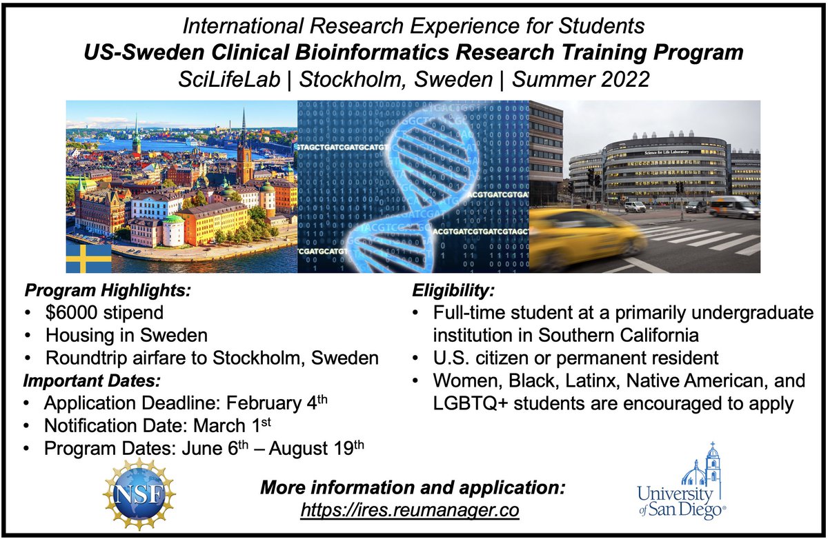 APPLY NOW: @uofsandiego's #Bioinformatics #International #Research Experience for Students Program (#IRES) is accepting applications through Feb. 4. Spend the summer @scilifelab in #Stockholm performing cutting-edge research! 
Apply here: ires.reumanager.co
#USDIntE #USDEngr