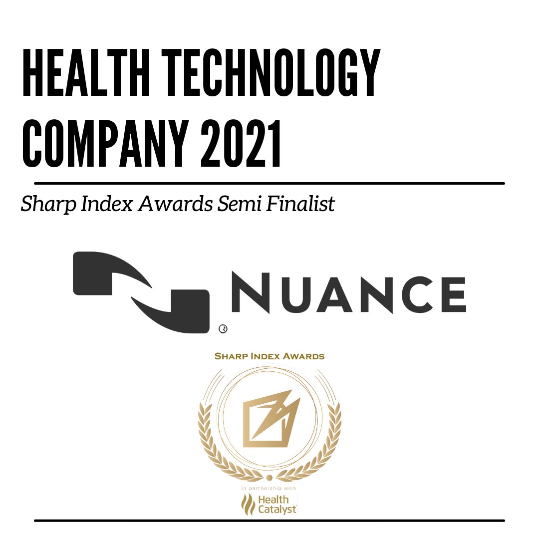 CONGRATS 🎊 to <a href="/NuanceInc/">Nuance Communications</a>
Semi-finalist for Sharp Index Health Tech Company of 2021

Nuance reimagines patient care with AI‑powered solutions for physicians, radiologists, and hospitals.

nuance.com/index.html

#SharpIndex #Physician #HealthTech #HealthIT
