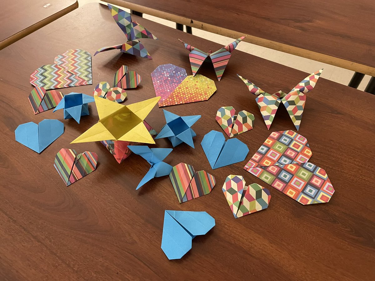 NyquistLHS's tweet photo. One of my students took up origami at the start of COVID, &amp; she still folds &amp; creates throughout the day at school. I don't think she has any idea how much it makes me smile when she leaves one of her pieces behind for me after class. I'm building quite the collection! https://t.co/HrKSYvYEfz