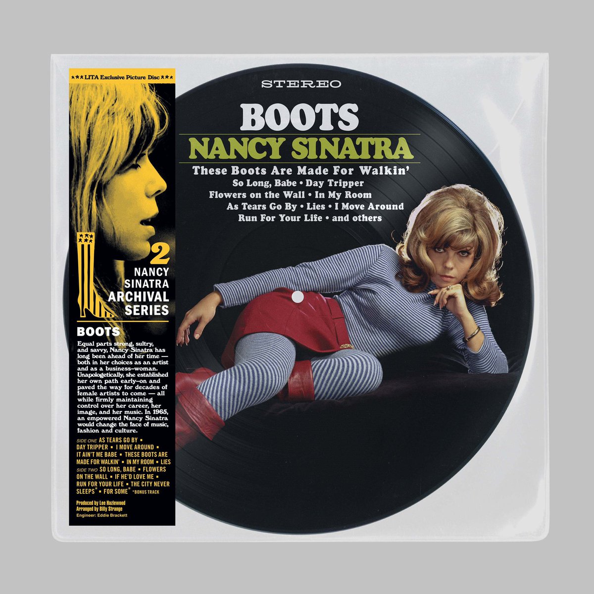 NancySinatra's tweet photo. BOOTS is now available as a lathe cut picture disc made by female-owned and operated Red Spade Records. 

This is my first picture disc. It is limited to 50 copies worldwide and comes w/ an autographed postcard hand signed by me. @lightintheattic 

👉 https://t.co/KVWOWFu1Os https://t.co/r35dUZemoZ