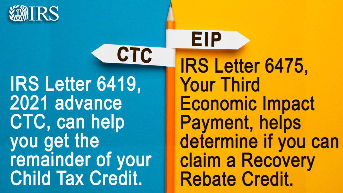 IRSnews's tweet photo. If you receive letters from the #IRS about your advance #ChildTaxCredit payments or the 3rd #EconomicImpactPayment, don’t throw them away. These letters can help you prepare your tax return accurately, avoid refund delays. https://t.co/86X3Gjd70V https://t.co/vEQsdtL38f