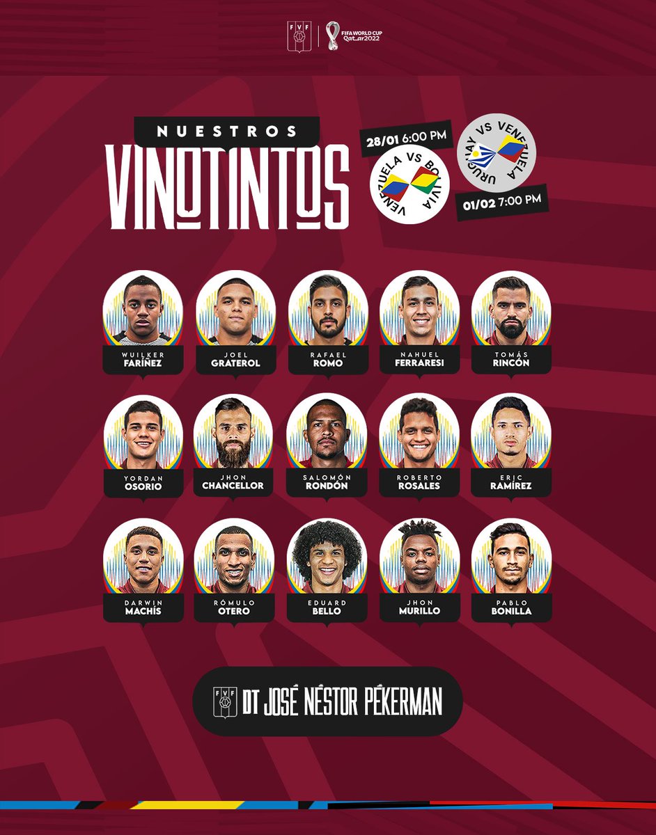 SeleVinotinto's tweet photo. Esta es la primera convocatoria oficial del seleccionador nacional, José Néstor Pékerman, para la doble fecha de Eliminatorias a la Copa del Mundo Qatar 2022 ante las selecciones de Bolivia y Uruguay.

🇻🇪 #VamosVinotinto https://t.co/F8o3s9WPcL