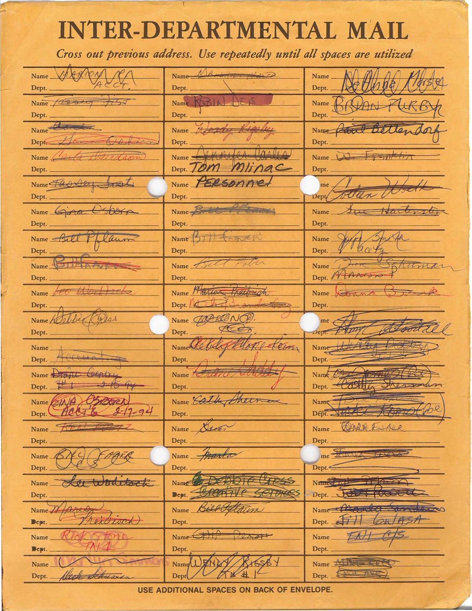 virginiahume's tweet image. Explaining “interoffice mail” to a 25-year-old. Re all the crossed off names, I said “it was like the borrowing card in the back of the library book.” Didn’t help - no frame of reference for that either. 😂