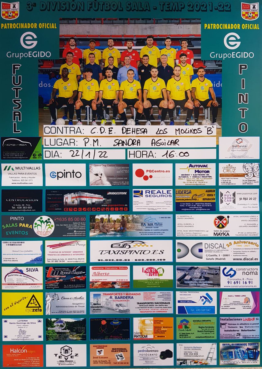 Vuelve la emoción del #Futsal al pabellón Sandra Aguilar, nuestros chicos del #3ªDivisión tienen una nueva jornada liguera, estamos seguros que lo van a dar todo en la pista para dejar los +3 en Pinto, confiamos en vosotros equipo! 💪🏻

#VamosPinto 💛