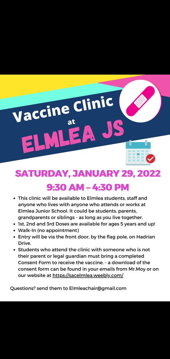 Vaccine Clinic at Elmlea!

Saturday, January 29th 2022!
9:30am - 4:30 pm
See the attached flyer for more details.