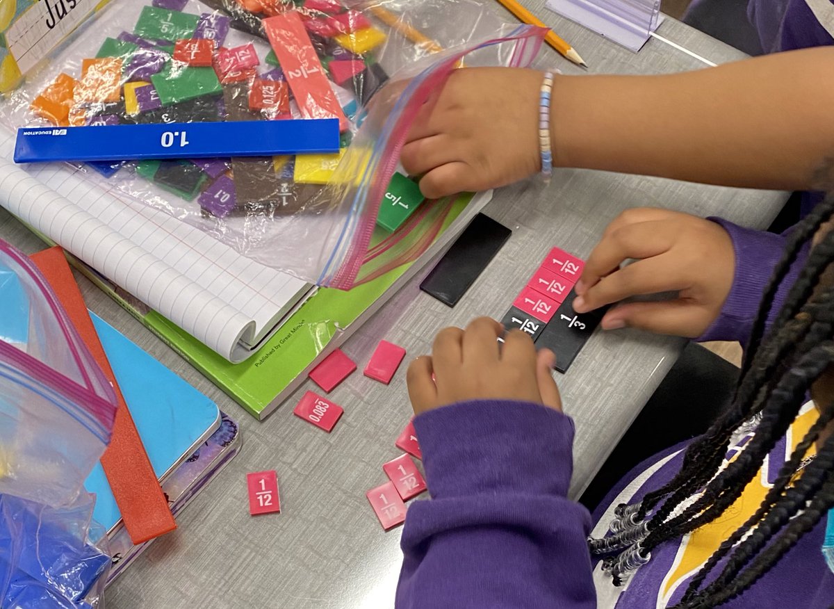 shari__diaz's tweet photo. Watching my students who were virtual last year enjoy playing with fraction tiles is so rewarding. They finally are experiencing hands-on learning and deepening their conceptual understanding. #myrockstars #mathmanipulatives #learnleadserve #unitfractions #fourthgradefun https://t.co/JGSlvp2Ofe