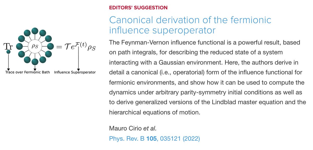 PhysRevB's tweet photo. PRB Editors' Suggestion: Canonical derivation of the #fermionic influence #superoperator
Mauro Cirio, Po-Chen Kuo, Yueh-Nan Chen, Franco Nori, and Neill Lambert
Phys. Rev. B 105, 035121
#physics #condmat #EdSugg @APSPhysics
Article: https://t.co/N3yr5ARyZf https://t.co/18OwXlvsiq