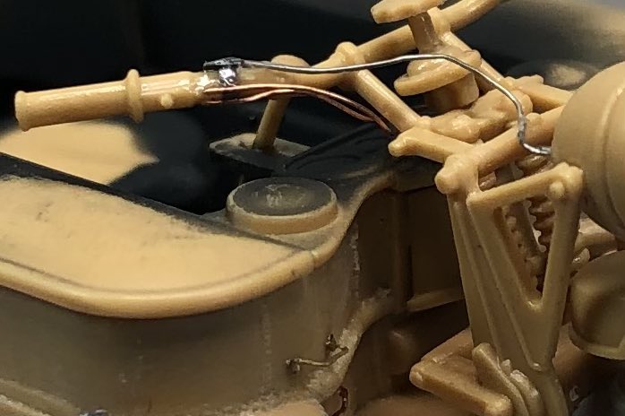 PasishnekScott's tweet photo. Wired the headlamp and throttle then fashioned the switch for the headlamp out of solder wire and plastic #smallsoldier1 #tamiyamodels #135thscale #kettenkrad https://t.co/8DHb8sCwfc
