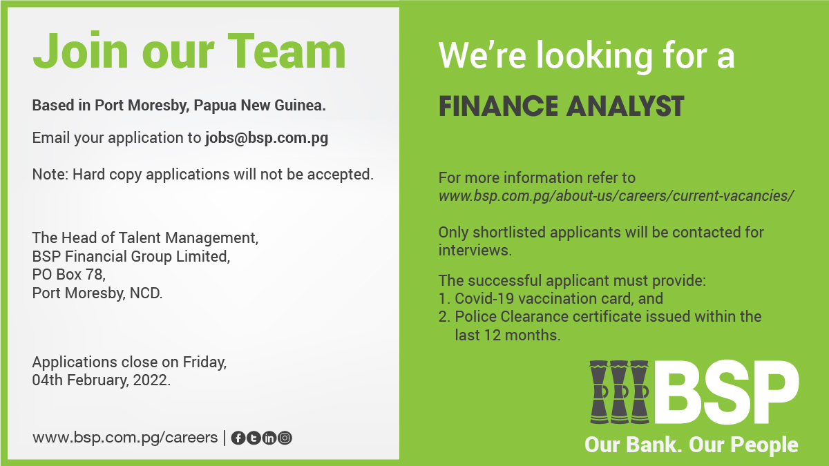 BSPPacific's tweet image. BSP PNG| We have a vacancy for Finance Analyst. 
Job Details:  ow.ly/oVks50Hzsx7

#BSPJobs #Vacancies #FinanceAnalyst  #CareerOpportunity #Jobs