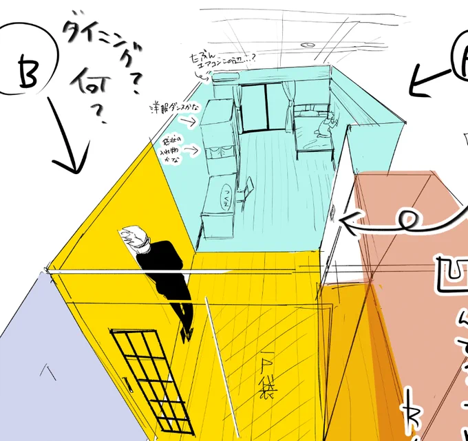 寮の部屋わかんねーなと原作の1巻105～108Pと部分的にアニメを準拠して考えてたんですがどんどんキャンバスがでかくなっていって笑いました。
わかんないけどA.B.玄関のエリアはこの形かなと思います(ゆじ部屋) 