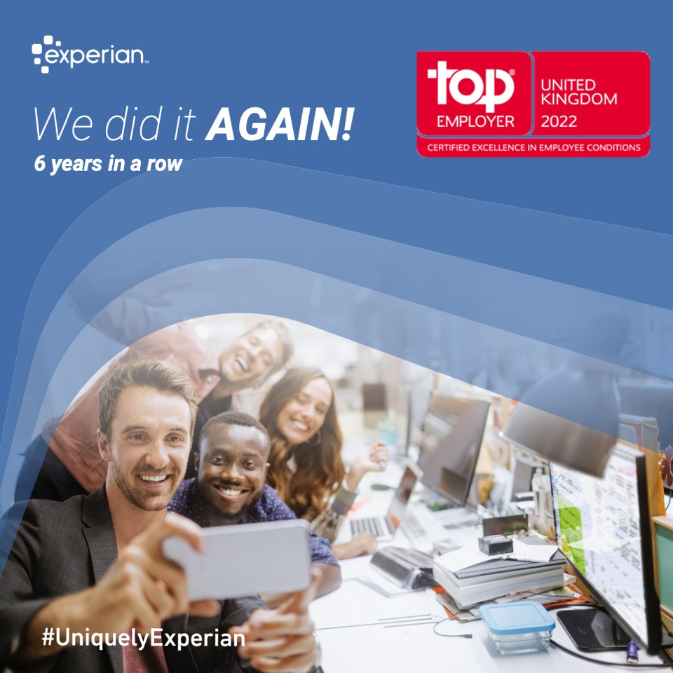We're thrilled to announce here in the UK that we've been certified as a <a href="/TopEmployersUK/">Top Employers UK & Ireland</a>  for the 6th consecutive year! 🎉👏

This achievement demonstrates our commitment to adapting to a better, more flexible world of work for all of our employees. #UniquelyExperian