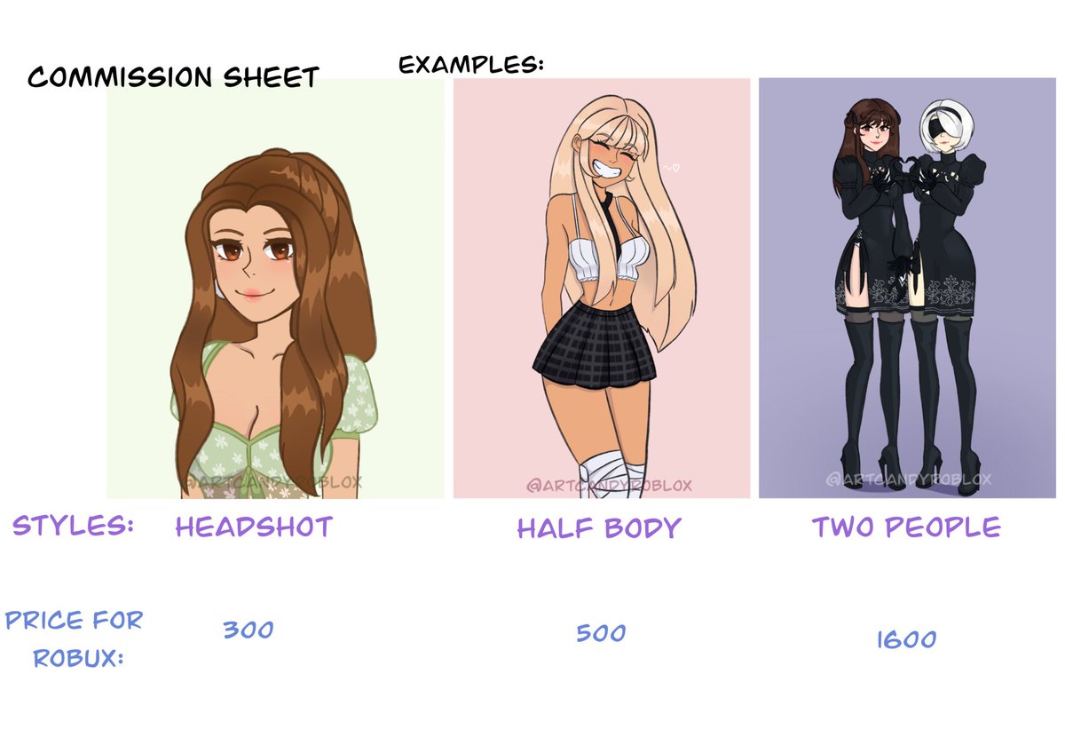 artcandyroblox's tweet photo. This is my commission sheet, at the moment im only taking robux as payment, if you’re interested please add me on discord: Artcandy#5642
.
.
#commissionTH #opencommissions #comission #comissionart #RobloxGFX #Giveaway #robloxart #roblox #robuxcommission #robux #TikTok #digitalart https://t.co/GiAjOyBf3y