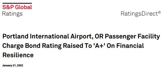 Some of these pandemic days have been pretty rough. However, today PDX had its passenger facility bonds upgraded to A+ based on "financial resilience." Congrats to the <a href="/PortOfPortland/">Port of Portland</a> finance team for their hard work! Feels good to have some nerdy good finance news.