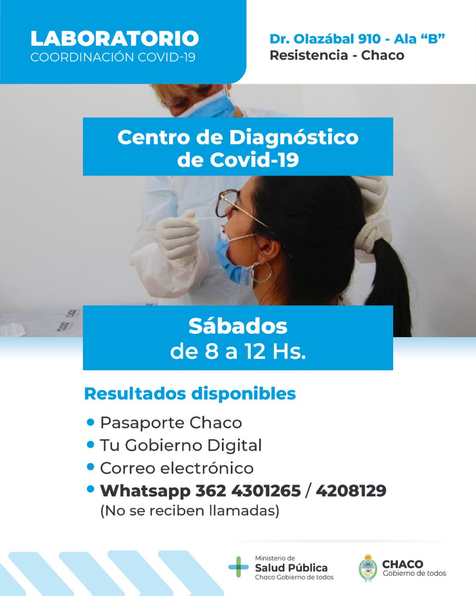 ChacoSalud's tweet photo. 😷 Centros de diagnóstico de COVID-19 disponibles este sábado en el Gran Resistencia.

#SaludPublica https://t.co/HOVOSzw2Bw