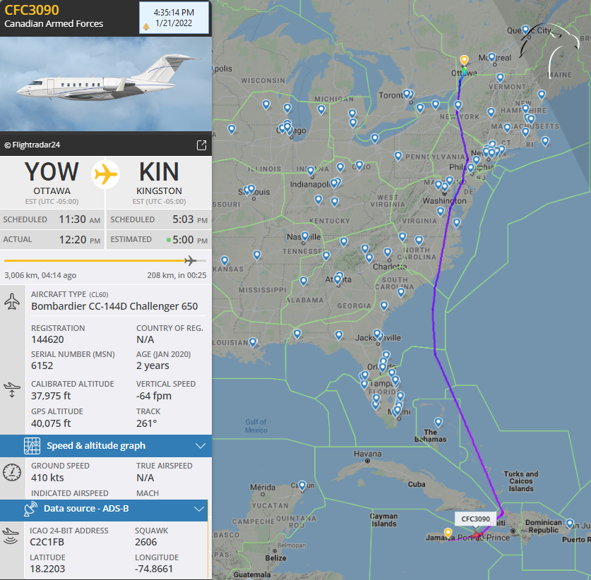 FlconEYES's tweet photo. 🇨🇦✈️Canadian Armed Forces
Ottawa to Jamaica.
Evitando intencionalmente el FIR HABANA. 2do viaje.🧐
Bombardier CC-144D Challenger 650
#REG144620 | #C2C1FB | Squawk:2606 | #CFC3090
➡️https://t.co/KSQtNPHfYe
https://t.co/e9dfNNeO5a
#PlaneAlert #AvGeek #ADSB #Aviation #OSINT #21Ene https://t.co/LJpuLJYtY8
