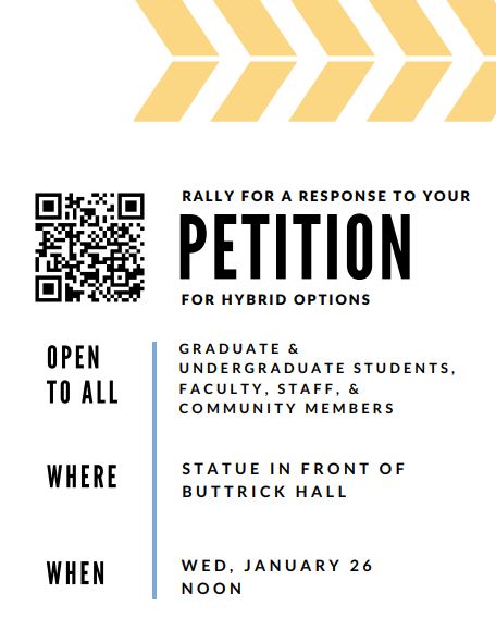 VandyGradUnion's tweet photo. Rally to demand a real response to your petition for hybrid options! 

Wed., 1/26 at noon. Meet in front of Buttrick. https://t.co/MqdFeyzUZO