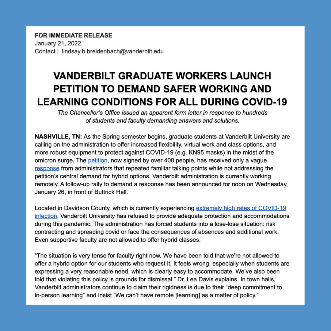 VandyGradUnion's tweet photo. Learn more in this press release from the cross-college coalition of Vandy grad students &amp; workers organizing for hybrid options and a safe &amp; fair COVID policy.

And don't forget to sign the petition here: https://t.co/MkdEiwZ9Dl https://t.co/JZWIp9rGho