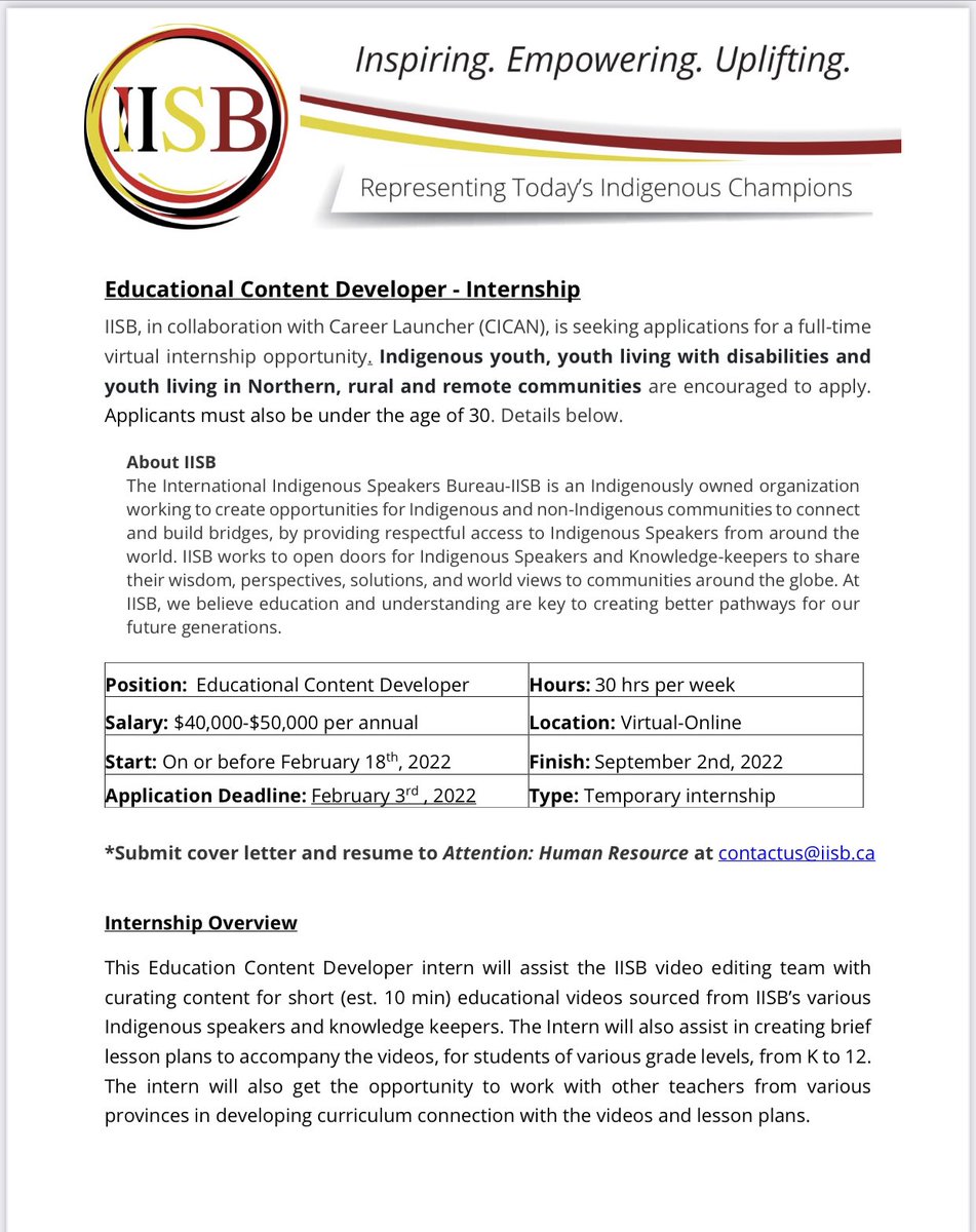 CDogniez's tweet photo. International Indigenous Speakers Bureau has a job opening they need filled as soon as possible.  Check it out for yourself or someone you think would be perfect for the job! https://t.co/MPndFBs8j4