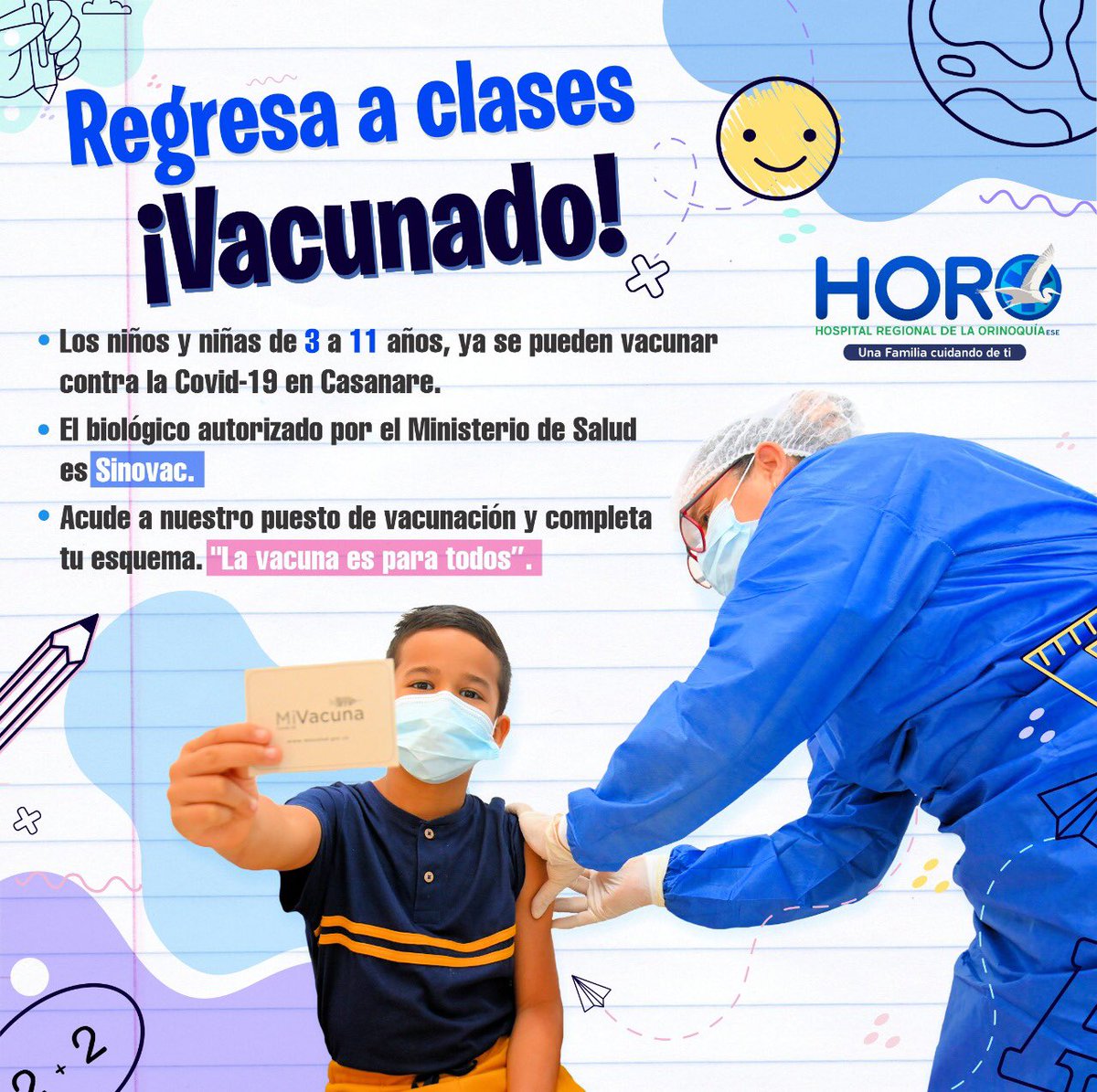 #VacunaciónParaTodos💉🏥 

Tenemos dosis de Sinovac para niños entre 3 y 11 años. 👦👧 

Acércate con tu hijo a nuestro punto de vacunación para que acceda al esquema, y de esta manera, regrese a clases de una forma más segura. 👨‍👦‍👦👨‍👦👩‍👦 

¡Hospital Regional de la Orinoquía!