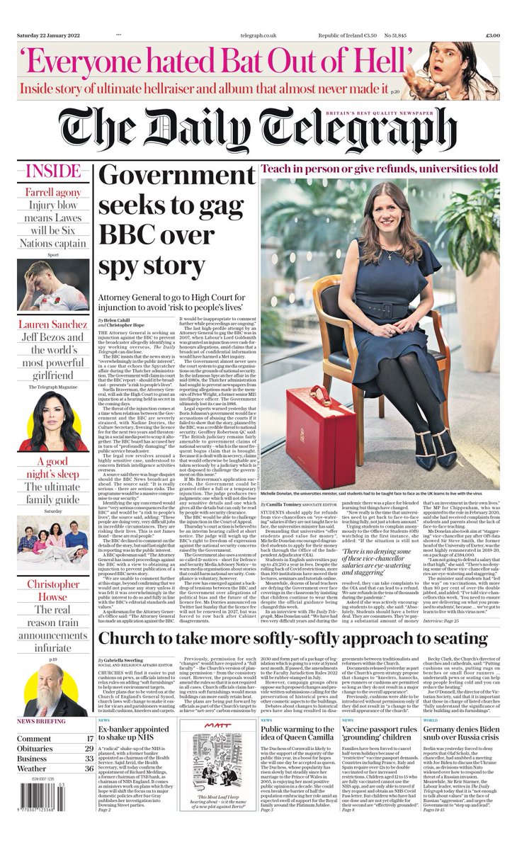 TELEGRAPH: Government seeks to gag BBC over spy story #TomorrowsPapersToday