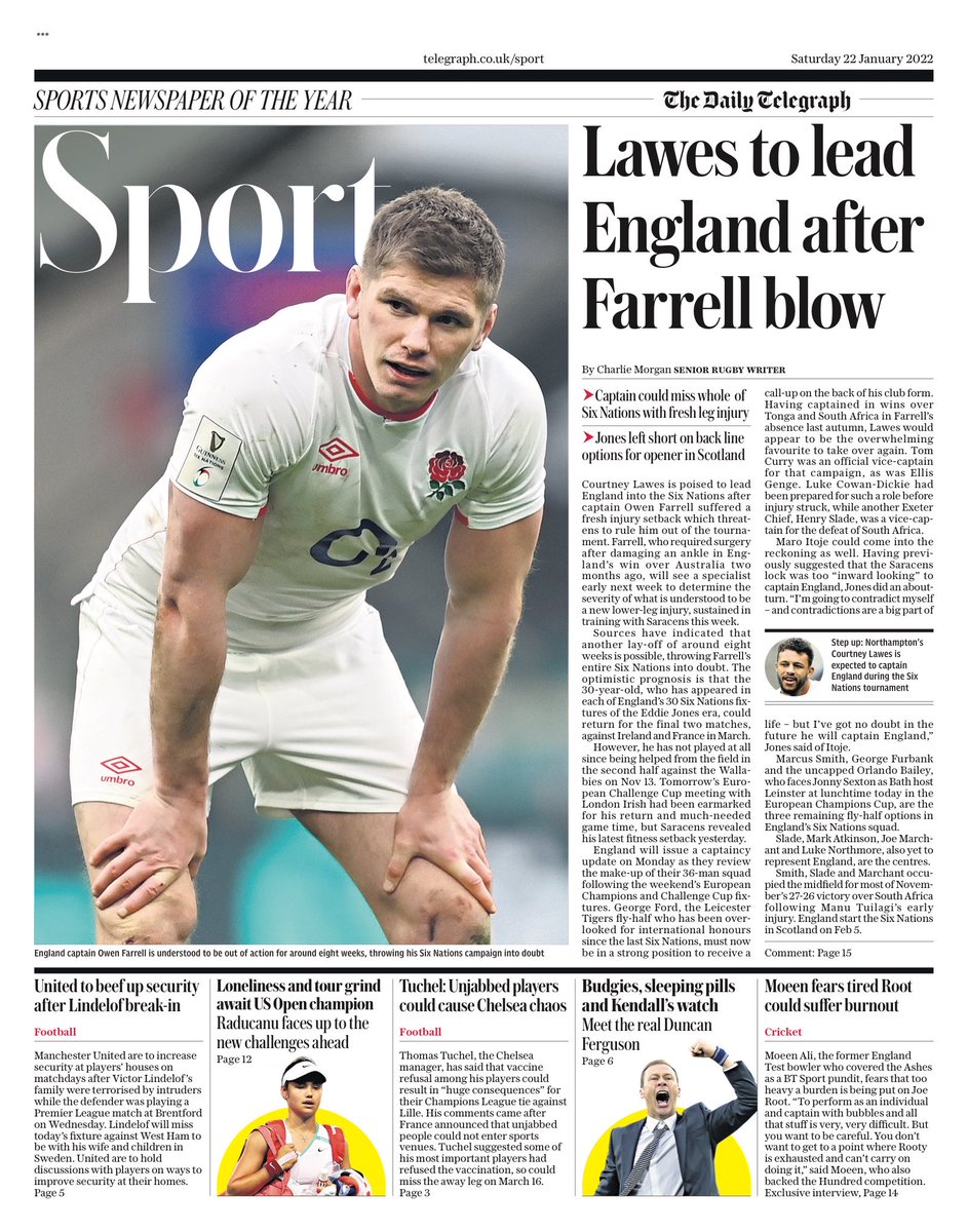 TELEGRAPH SPORT: Lawes to lead after Farrell blow #TomorrowsPapersToday