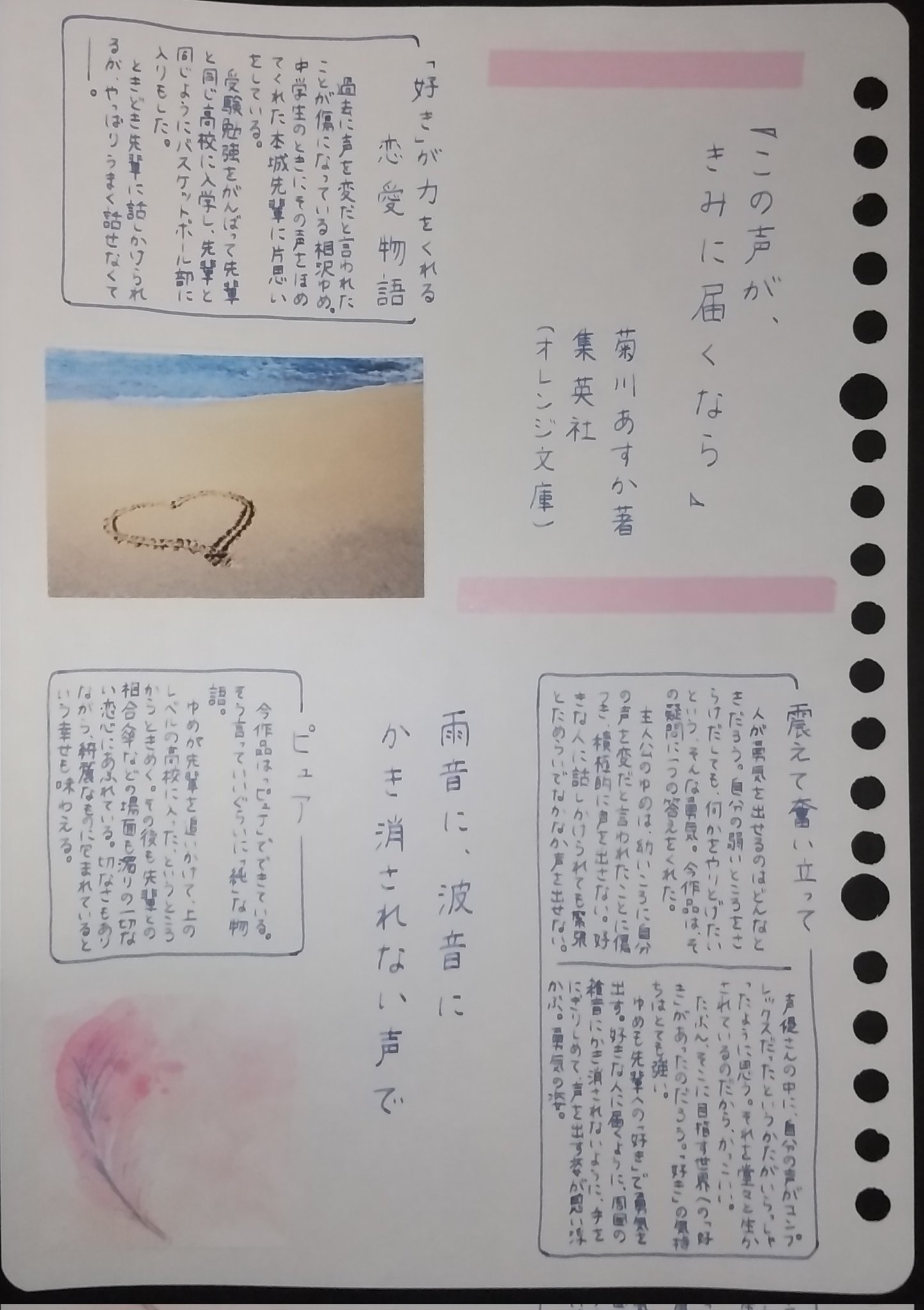 藤野椎月 この声に 理由をくれた あなた この声がきみに届くなら 菊川あすか 集英社 オレンジ文庫 読書 読書ノート 読書感想文 読書記録 読書好きな人と繋がりたい 手書き 恋愛小説 おすすめ本 ブックレビュー 本を読んで一言詩 T