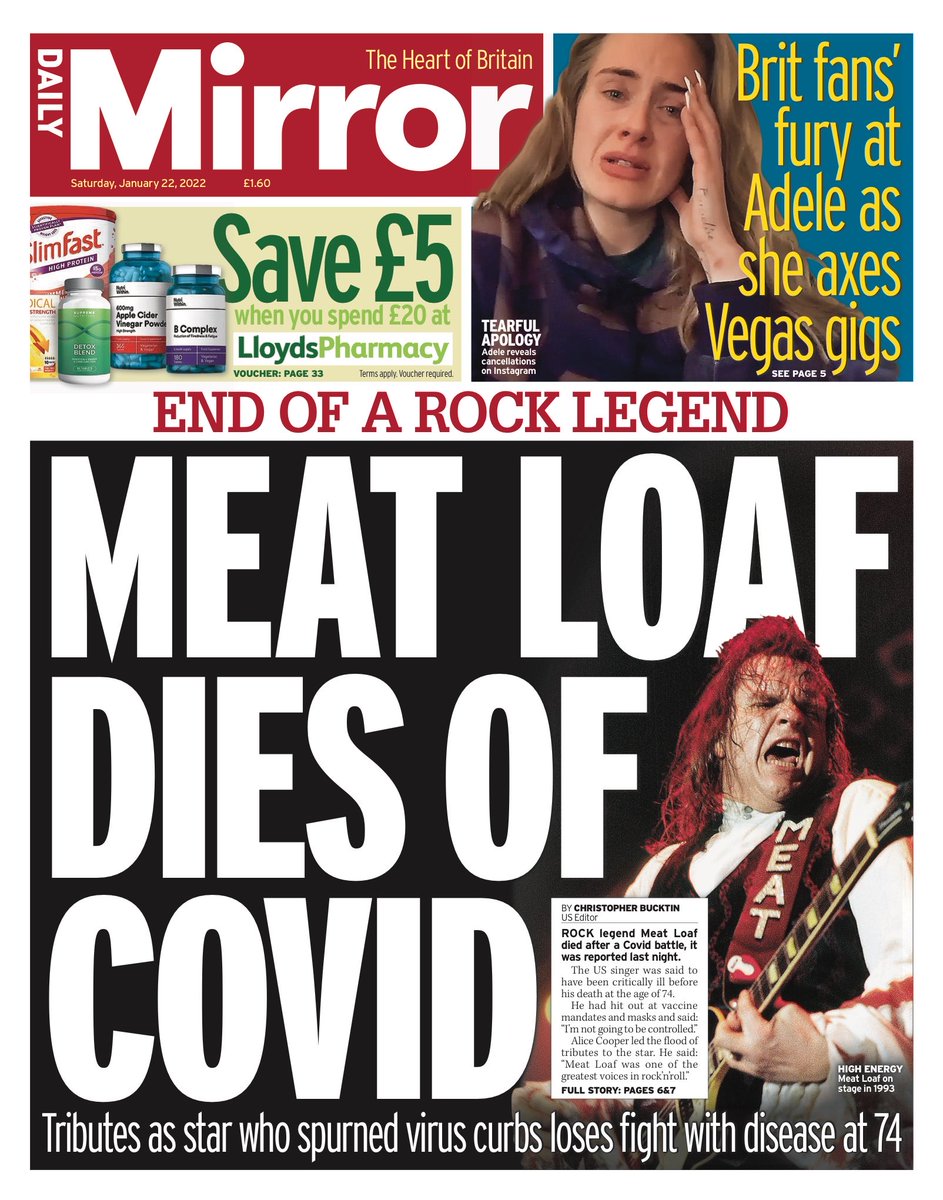 MIRROR: Meat Loaf dies of Covid #TomorrowsPapersToday