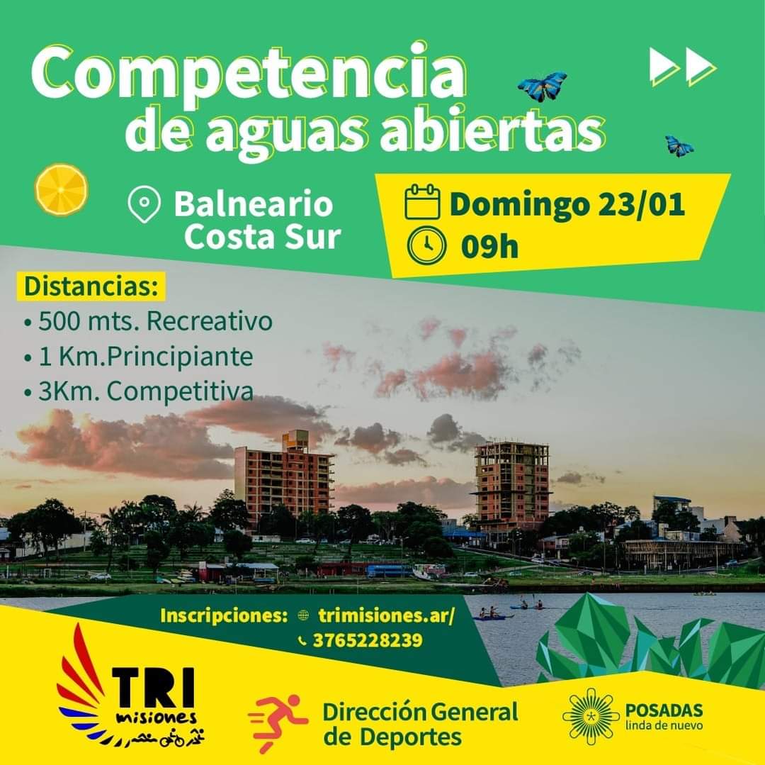 El domingo 23 de enero, se realizará una Competencia de Aguas Abiertas en el Balneario Costa Sur. 
📲 Para inscripciones y más información, comunicarse al 3765228239.
#PosadasLindaEnVerano