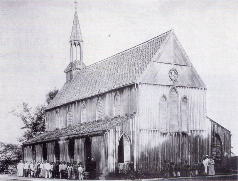 AustAnglican's tweet photo. 22 January 1851: the Rt Revd Daniel Wilson, Bishop of Calcutta, travelling to one of the farthest corners of his diocese, consecrates the original St Thomas' Church in Kuching, Sarawak. Future Cathedral of the Diocese of Labuan and Sarawak (now Kuching). #anglican #171years https://t.co/ka2mLNc28R