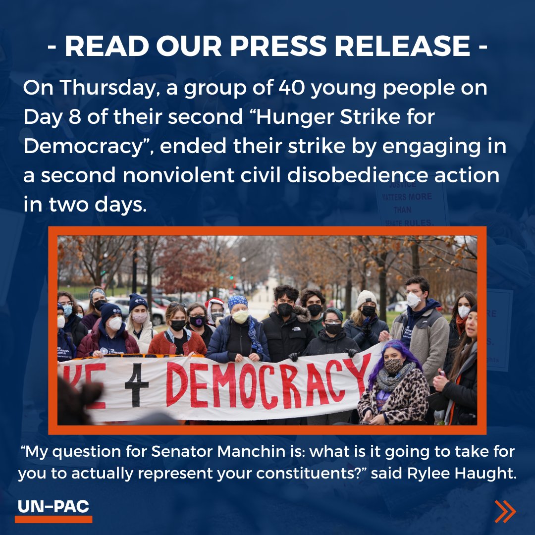 LetsUnpac's tweet image. Yesterday, after our SECOND arrest, we suspended our #HungerStrike4Democracy. We condemn the Senators who prioritized their megadonors and an arcane Senate rule over the health of our democracy.