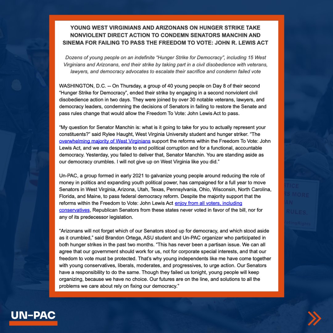 LetsUnpac's tweet image. Yesterday, after our SECOND arrest, we suspended our #HungerStrike4Democracy. We condemn the Senators who prioritized their megadonors and an arcane Senate rule over the health of our democracy.