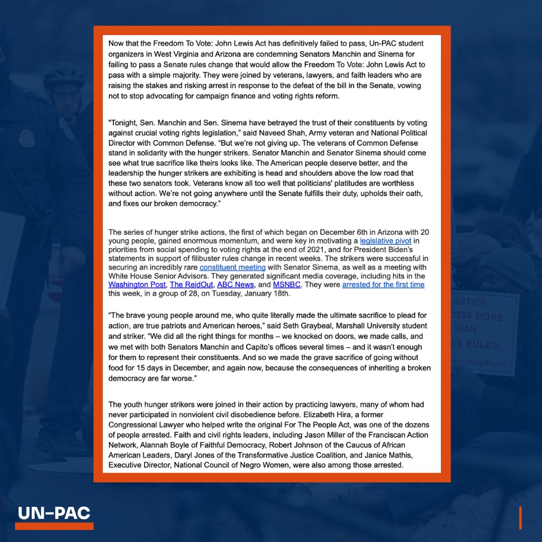 LetsUnpac's tweet image. Yesterday, after our SECOND arrest, we suspended our #HungerStrike4Democracy. We condemn the Senators who prioritized their megadonors and an arcane Senate rule over the health of our democracy.