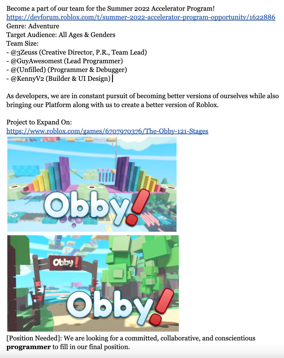 cZeussRBLX's tweet photo. My team and I are preparing to apply for the 
@Roblox Summer Accelerator Program, but we're hoping for an additional Programmer to join the team!

READ BELOW FOR MORE INFORMATION

Please DM me your portfolio if interested! :)
https://t.co/n5SCvkyILN
MUST BE 18+
#RobloxDev #Roblox https://t.co/YYHoBJrZj4