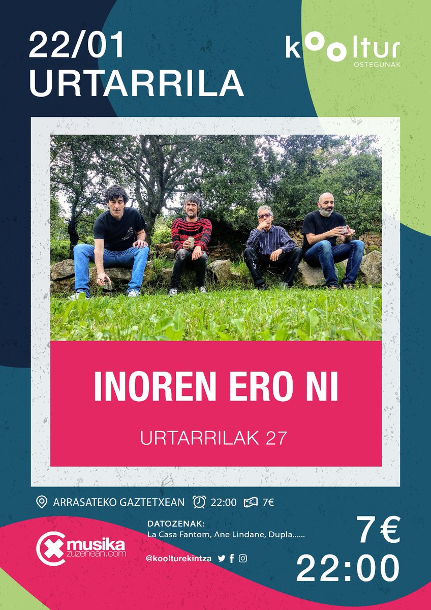 Hilabetea bukatzeko beste aldaketa bat egin behar izan dugu. #smalljackets taldeak bira atzeratu behar izan du, eta horien ordez ostegun honetan #inoreneroni izango da @AGAKO_Arrasate -n 22:00etan.
#kulturaezitto