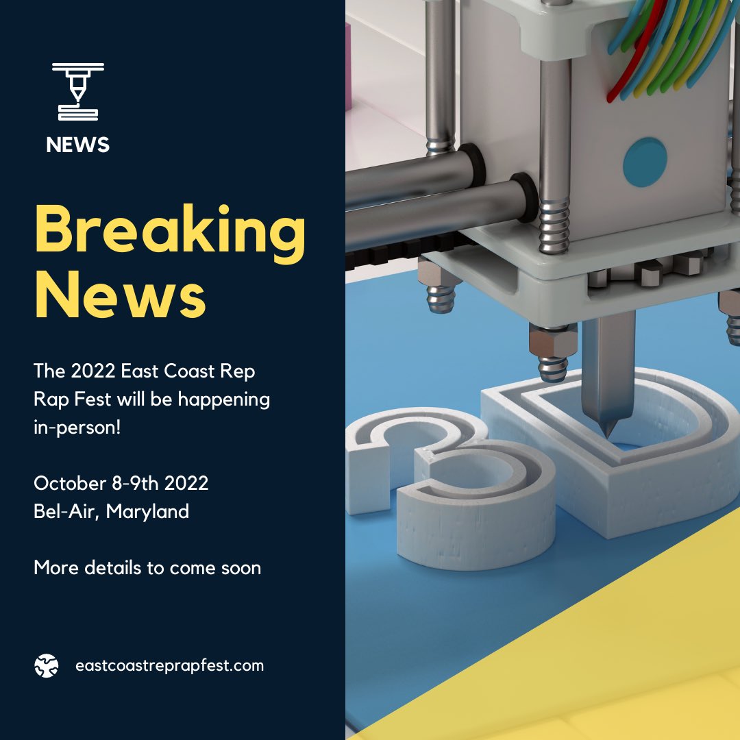 3DPrintopia's tweet photo. 🎉We are planning for an in person #ERRF2022🎉

Get ready for some #RepRap &amp; #3DPrinting love in just 260 days! 

If you’re not on our mailing list, email us at info@EastCoastRepRapFest.com to be added! 

#Retweet if you’re excited to join us this year! https://t.co/n0BKZFs1M6