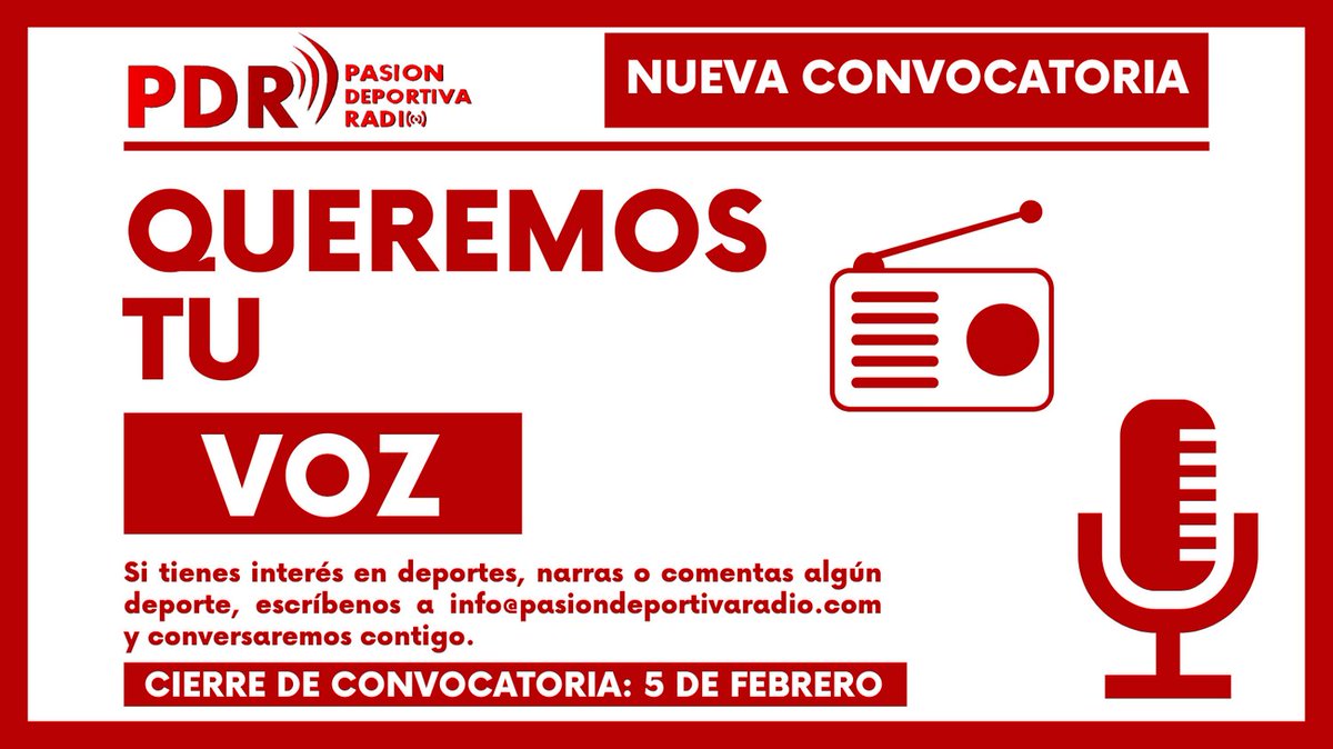 PDRcom's tweet image. [NUEVA CONVOCATORIA]: Estamos en marcha con una nueva temporada en @PDRcom y buscamos colaboradores para emitir más eventos y programas semanales

Si estáis interesados os podéis poner en contacto con nosotros en info@pasiondeportivaradio.com

#Radio #Deportes #SportsRadio