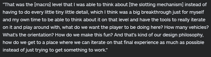 kurtmargenau's tweet photo. My quote pulled from the IGN writeup reflects of one of the most important and simple adages of design for me: Spend the time to build yourself a framework that you can easily iterate in as soon as you can, so you can spend more time on the important shit. https://t.co/bbiluZIxp3