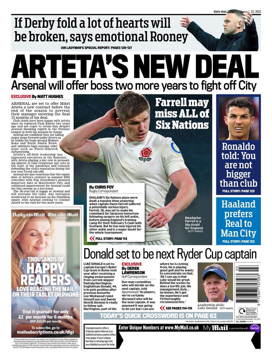 MAIL SPORT: Arteta’s new deal #TomorrowsPapersToday