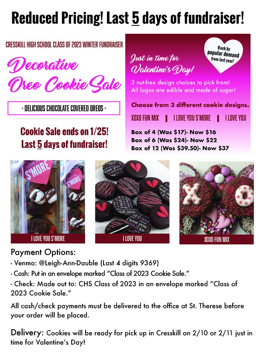CHS Class of 2023's Oreo Cookie Fundraiser ends in 5 days! (ends 1/25) See all NEW reduced pricing! Don't miss out and order yours today!