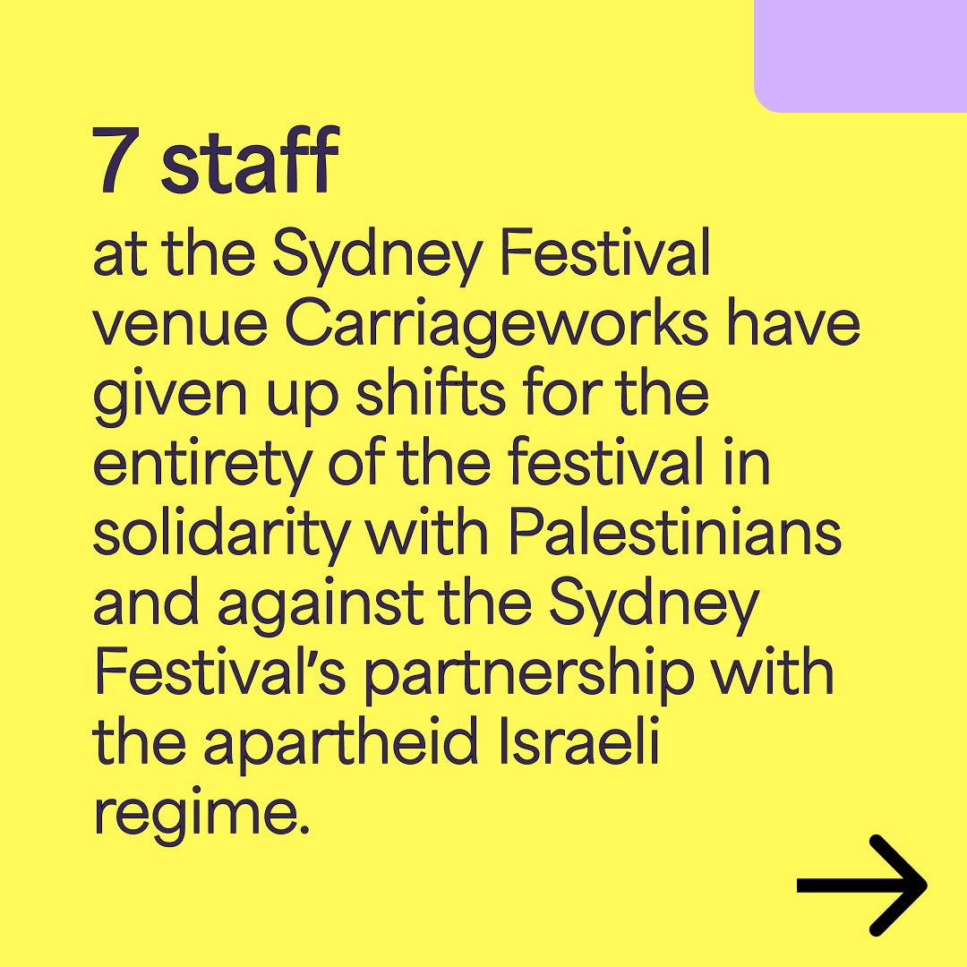 Management at <a href="/Carriageworks/">Carriageworks</a> are now telling staff who wear badges in solidarity with Palestine to not show up to work. They have offered to pay them to not show up — an attempt, it seems, to also undermine the staff who have given up their <a href="/sydney_festival/">Sydney Festival</a> shifts. Email below ⬇️