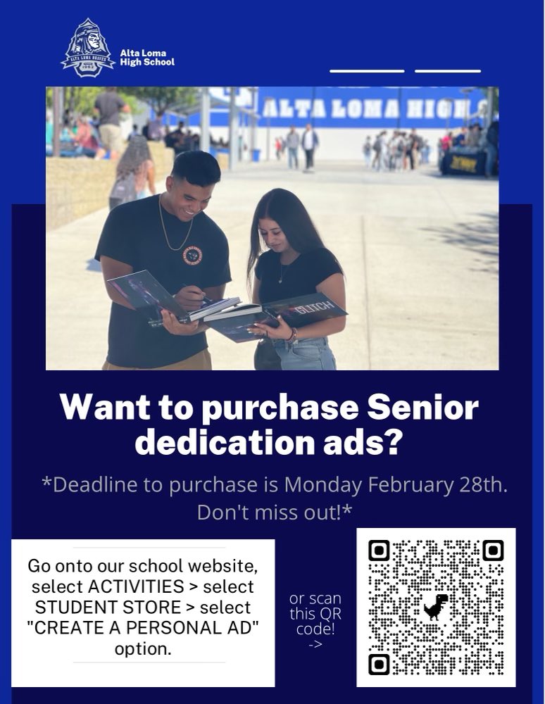 Seniors and parents! Make sure to get your yearbook senior dedication ads before the February 28th deadline!💙 <a href="/AltaLomaHigh/">Principal</a> <a href="/AdamStites1/">Adam Stites, Ed.D.</a> <a href="/ALHS_ASB/">ALHS ASB</a> <a href="/braveskiles/">Elizabeth Skiles</a>