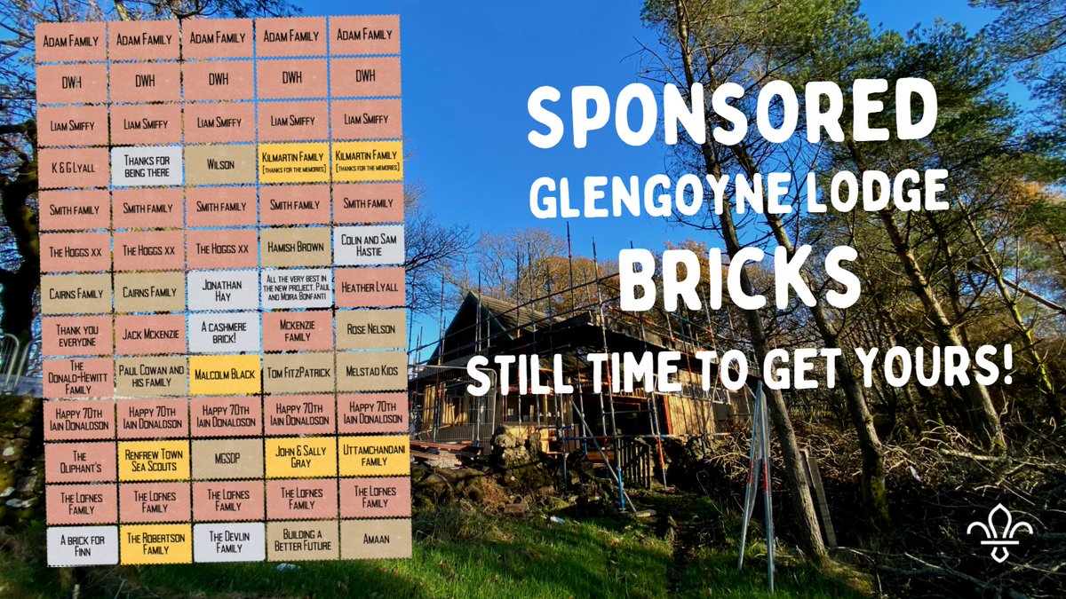 HUGE thanks to everyone who has sponsored virtual bricks for the new Glengoyne Lodge - we've now had 65 sponsored! Could we get to 100? Still time to sponsor one and your contribution will go a long way to helping us finish this exciting project: glasgowdisabledscouts.org/bricks/ 🧱