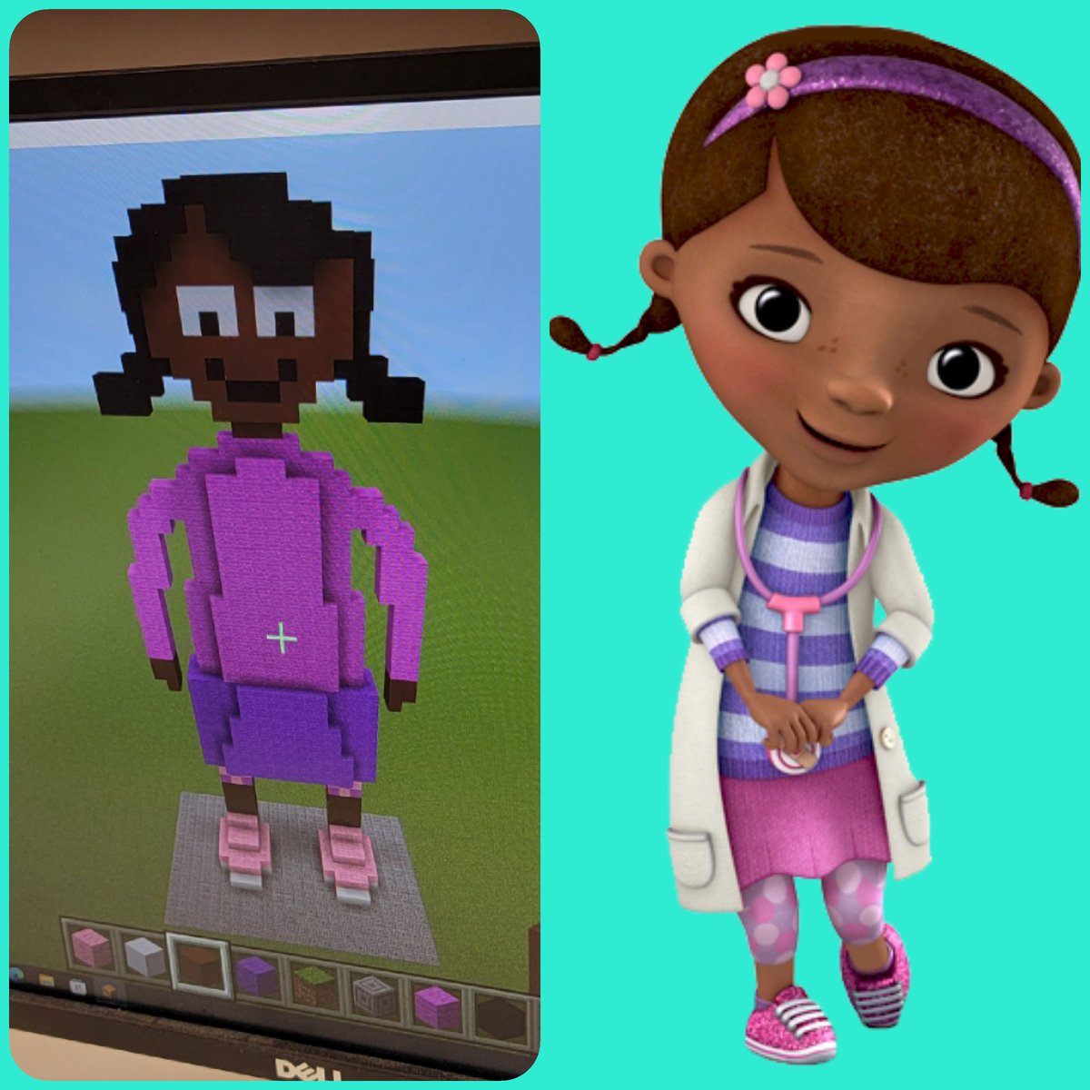 We're building theme park rides next week. Every theme park needs a focal point (like the Cinderella castle). So, Grant's Disney Jr. themed land has a giant Doc McStuffins. He used <a href="/PlayCraftLearn/">Minecraft Education</a> to create a rough draft of his build. #siegelunited