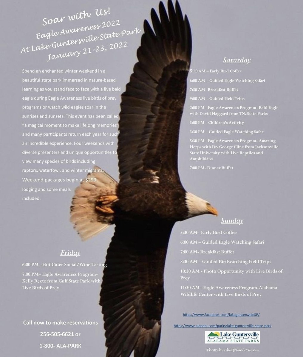 Eagle Awareness Weekends at Lake Guntersville State Park are HERE! Check out the schedule in the second pic for all the activities. 🦅
#visitnorthal #freethingstodofriday #eagleawarenessweekends #lakeguntersvillestatepark #explorelakeguntersville