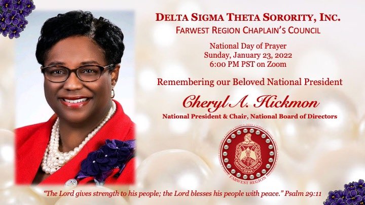Please join the Farwest Region Chaplain's Council for a National Day of Prayer on Sunday, January 23rd at 6pm PST. Click on the link below to attend.

deltasigmatheta-org.zoom.us/meeting/regist…