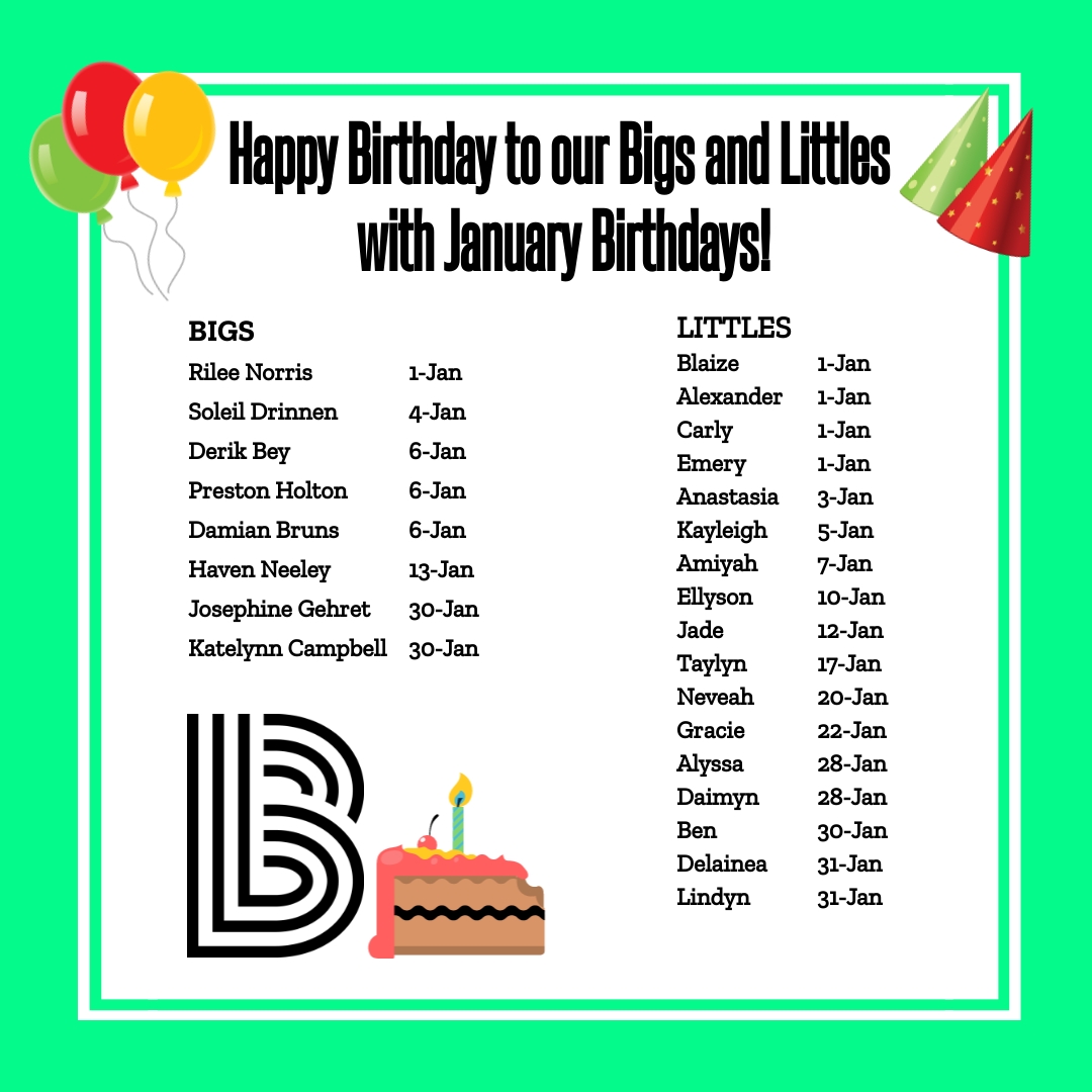 Happy Birthday to our Bigs and Littles with January Birthdays!