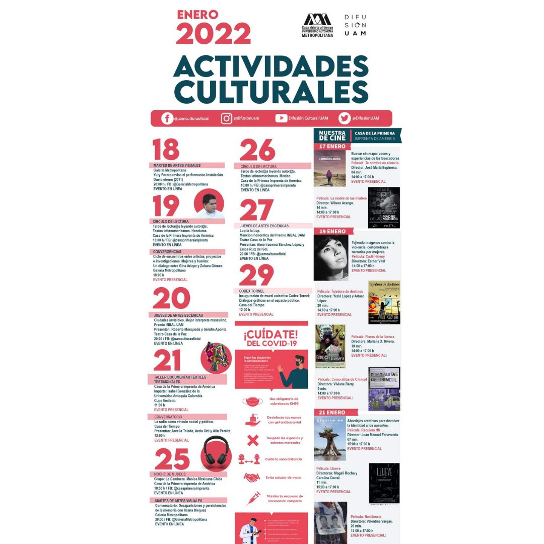 👀 #ReEncuentrosCulturaUAM
Actividades presenciales y en línea de la Coordinación general de Difusión  
🗓18 al 29 de enero
📧difusioncultural.uam.mx
#RegresoSeguro
#ContigoEnCasa
#CasaAbiertaAlTiempo
 @DifusionUAM  <a href="/UAM_Comunidad/">UAM Comunidad</a>